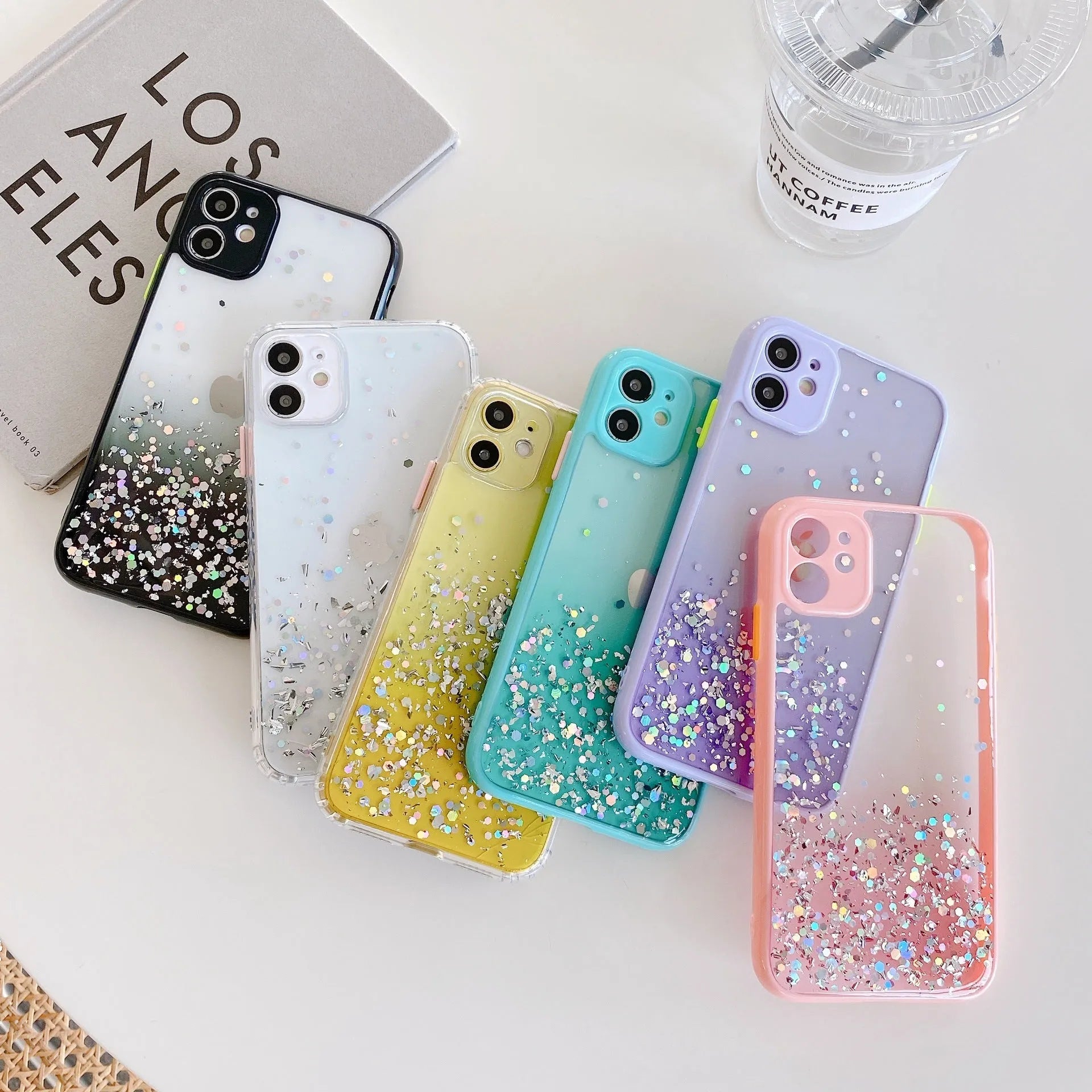 Silicone back cover for iPhone with frosted marble IMD finish and epoxy glitter gradient in multiple colours