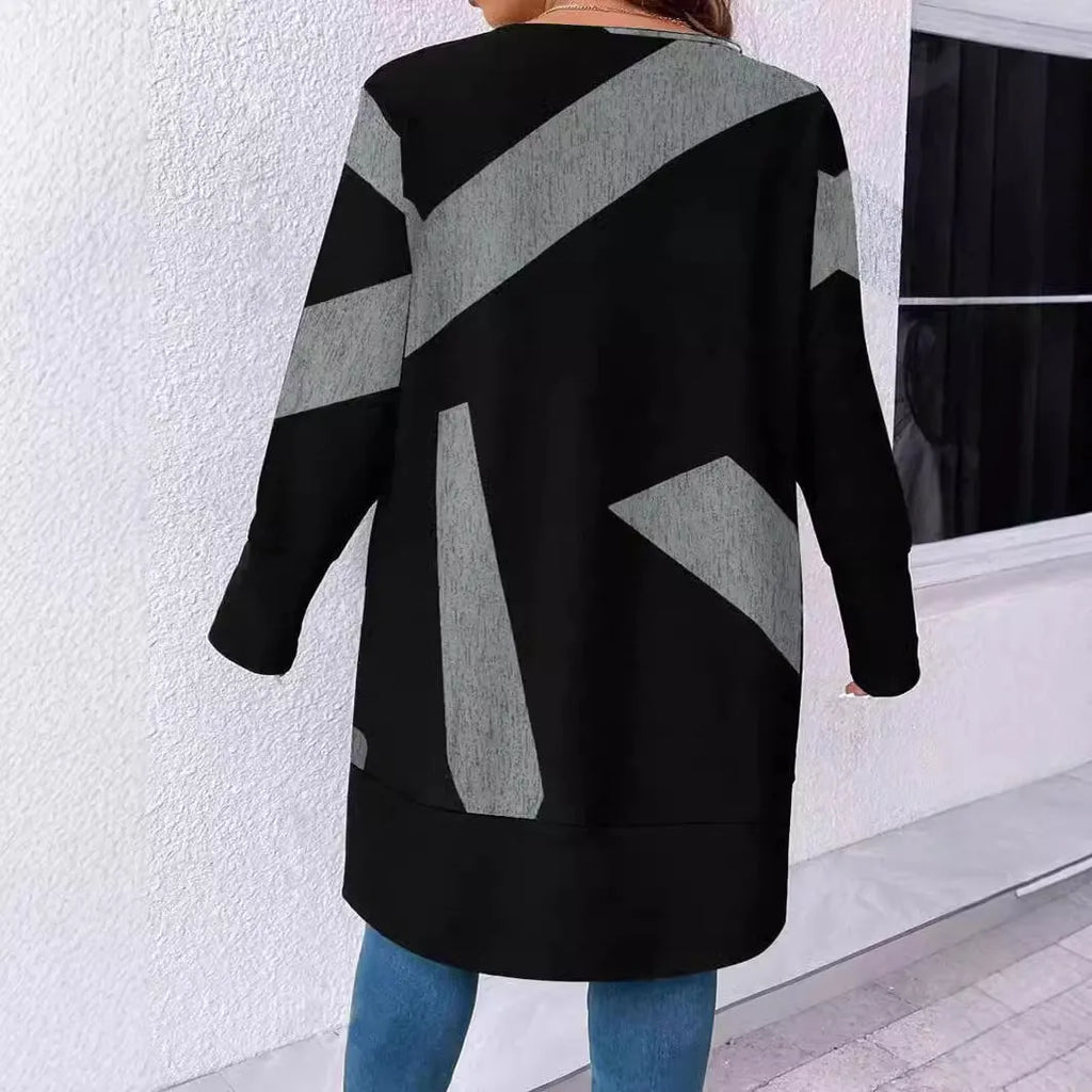 Black plus size casual cardigan coat with button stitching and printing details