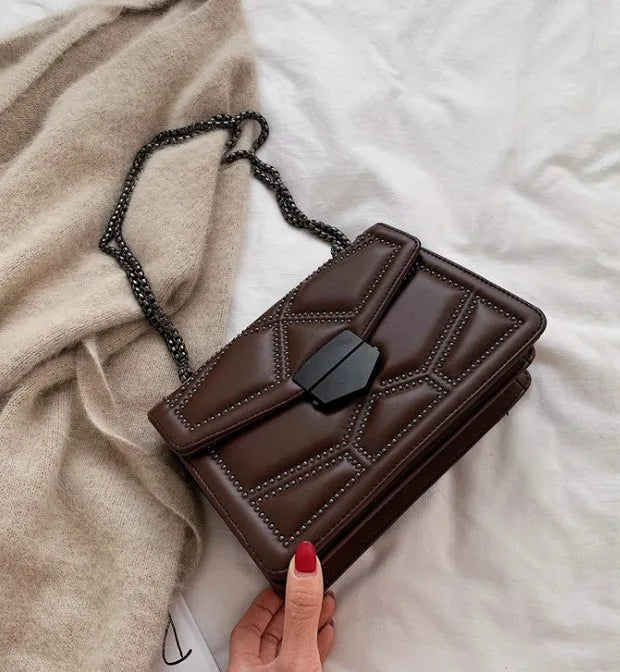 Small rivet chain crossbody bag for women, faux leather, adjustable strap, metal hardware, black brown coffee red