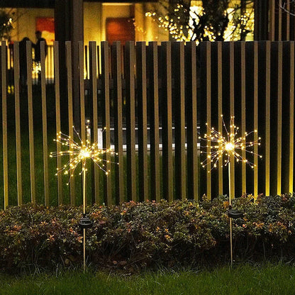 Solar-powered string lights with fireworks-inspired lighting effects, perfect for outdoor gardens, patios, and parties