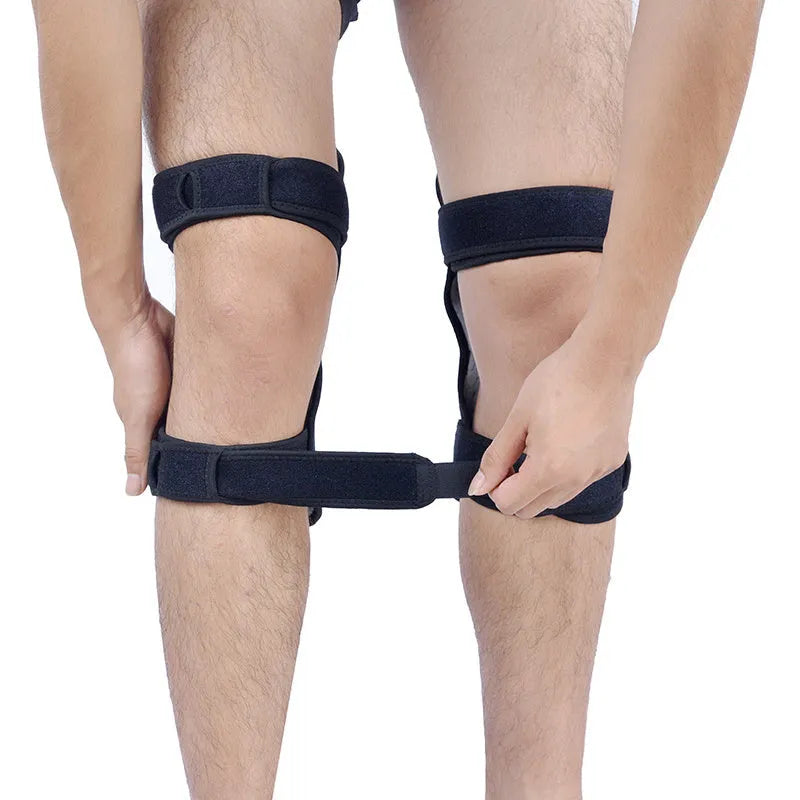 Adjustable spring knee brace support for mountaineering and sports activities.