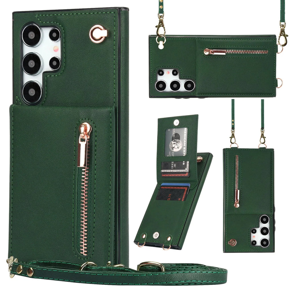 Samsung leather card holder crossbody phone case with zipper bracket in multiple colour options