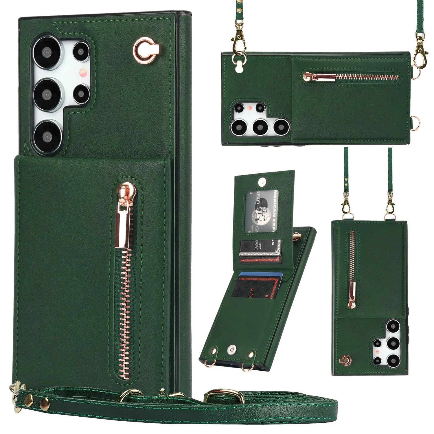 Samsung leather card holder crossbody phone case with zipper bracket in multiple colour options