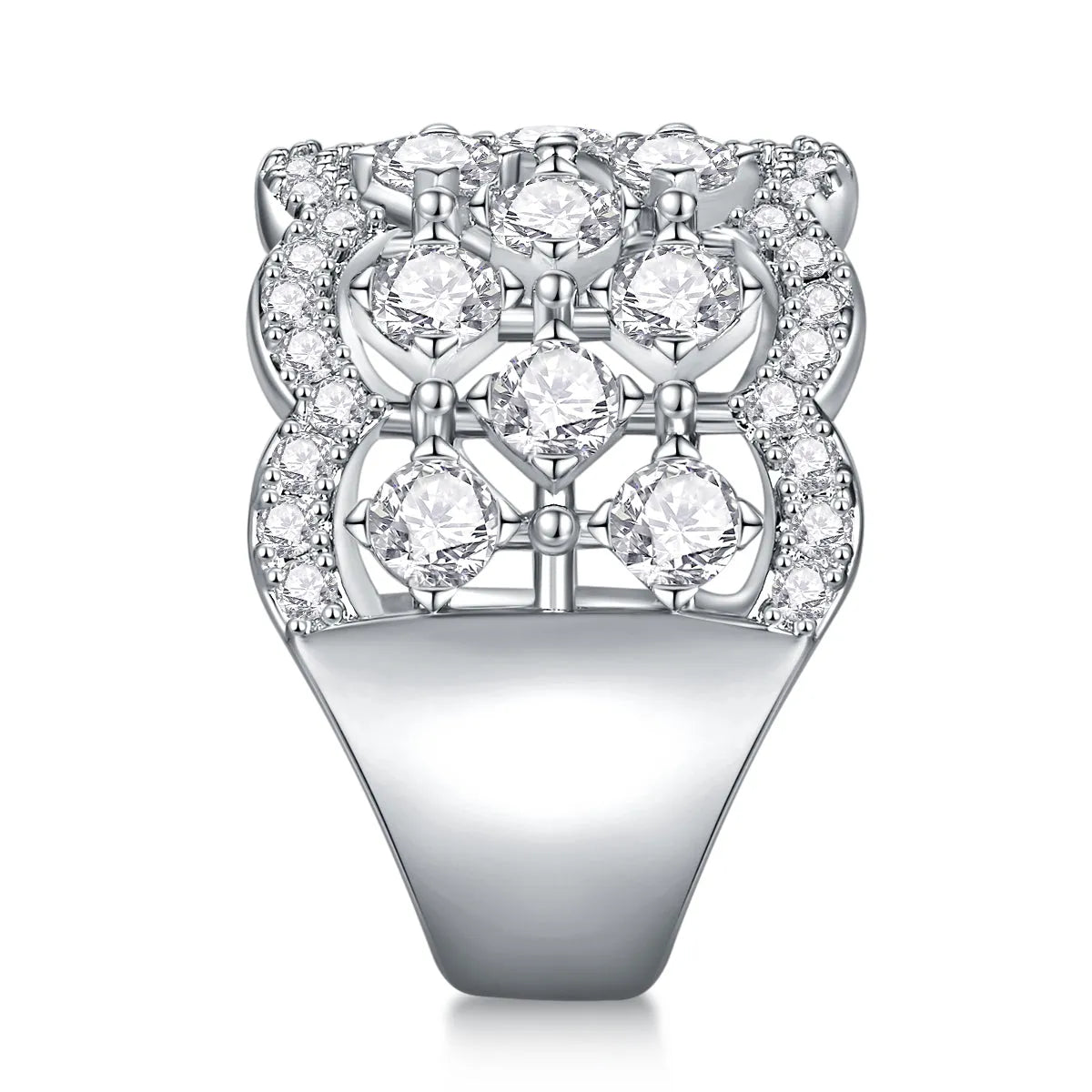 Lace Snowflake moissanite wedding ring set in S925 silver with platinum plating on a black background