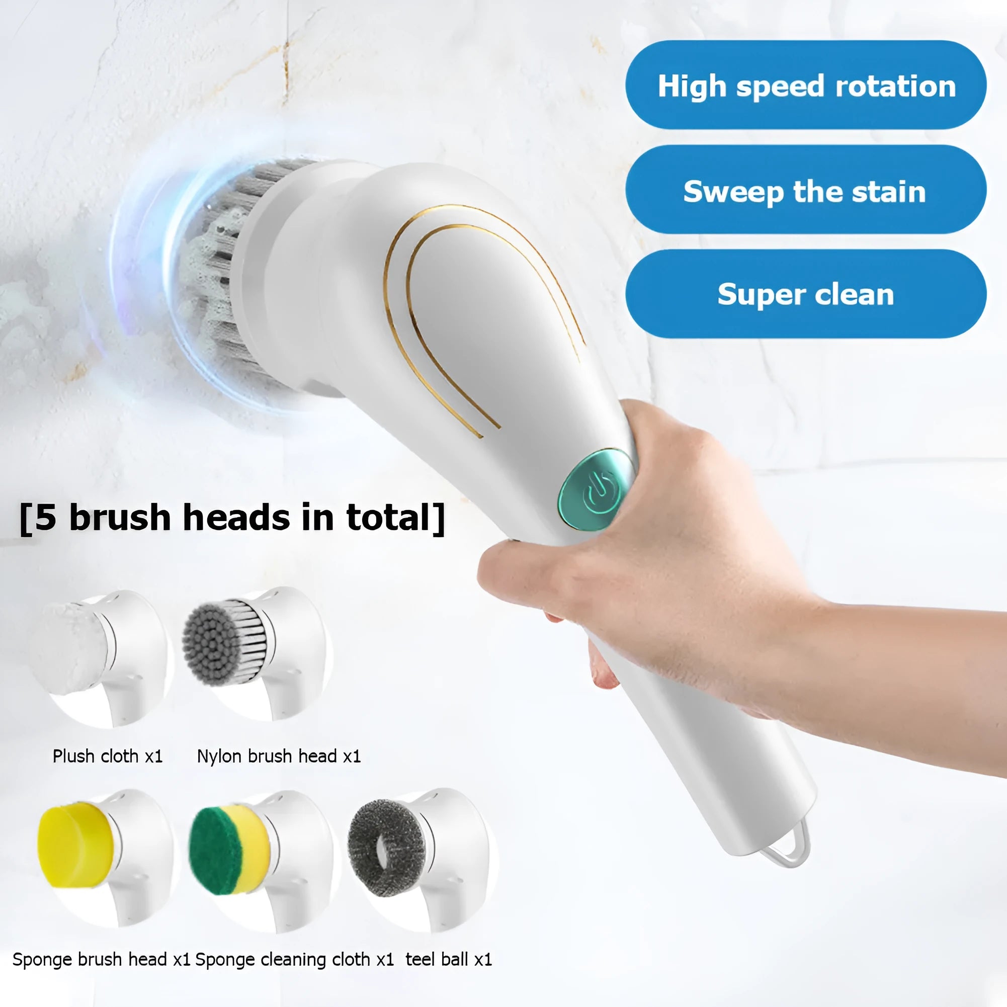 White cordless electric cleaning brush with five brush heads including nylon, sponge, wire, scouring pad and plush cloth attachments
