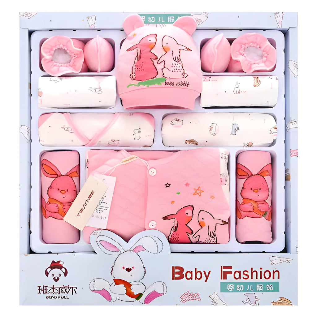 Pink padded baby clothes set with radish rabbit pattern for newborn winter wear