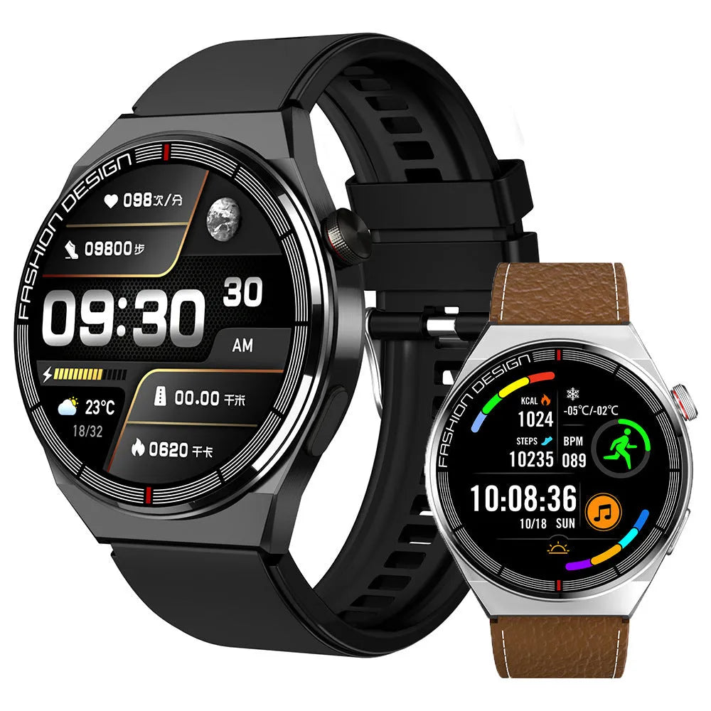 Black smartwatch with 1.28 inch screen on a silicone strap, showing health metrics display.