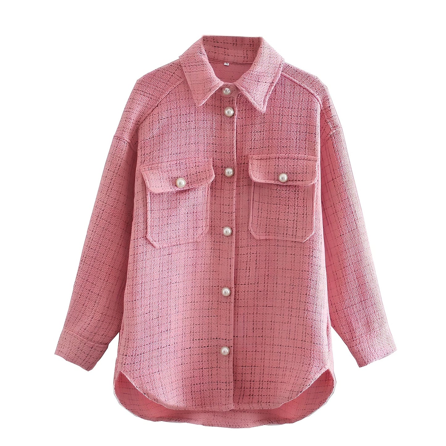 Women's beige plaid thick coat with pearl buttons, long sleeves, lapel collar, and side pockets in size M