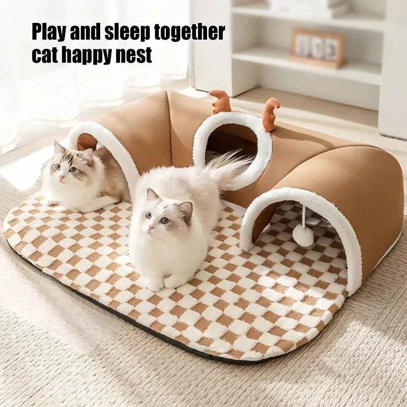 Cat tunnel bed in brown plaid fleece with hanging balls, semi-circular shape, slip-resistant bottom