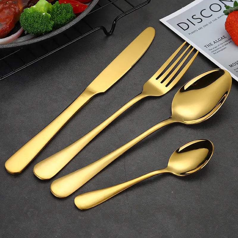 24-piece stainless steel tableware set including knives, forks and spoons in various colour options