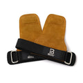 Brown leather wrist protector with adjustable strap for pull-up and fitness training.