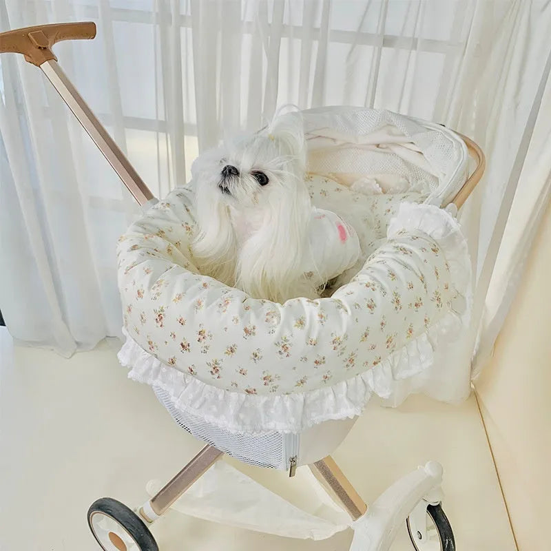 Cotton pet stroller pad set showing anti-dirty towel, cushion and pillow components