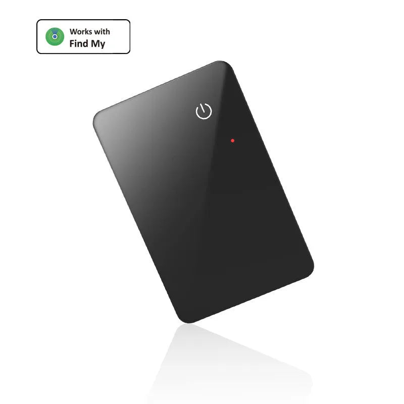 Black wireless charging pet tracker card measuring 85mm by 54mm with NFC feature and hanging hole