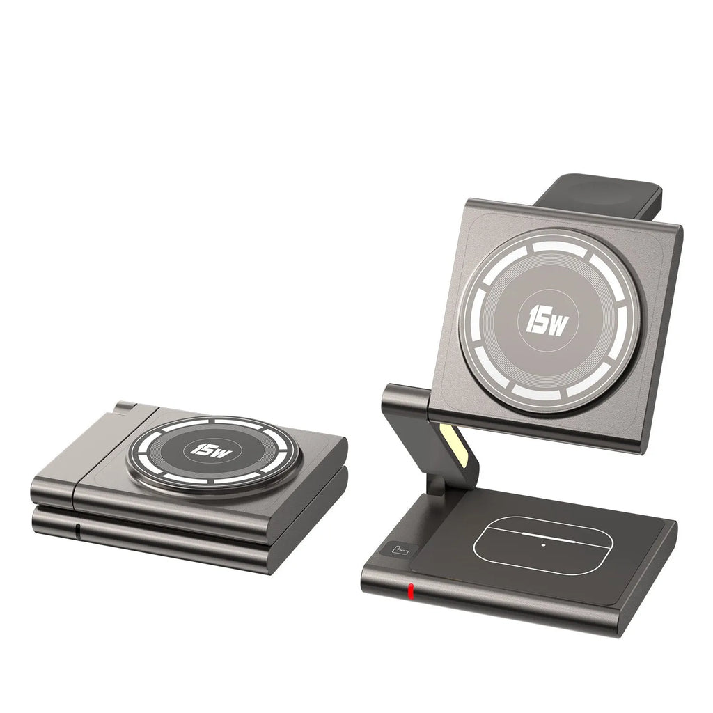 C40 aluminium alloy 3-in-1 folding wireless charger charging phone earphones and Apple Watch – black finish