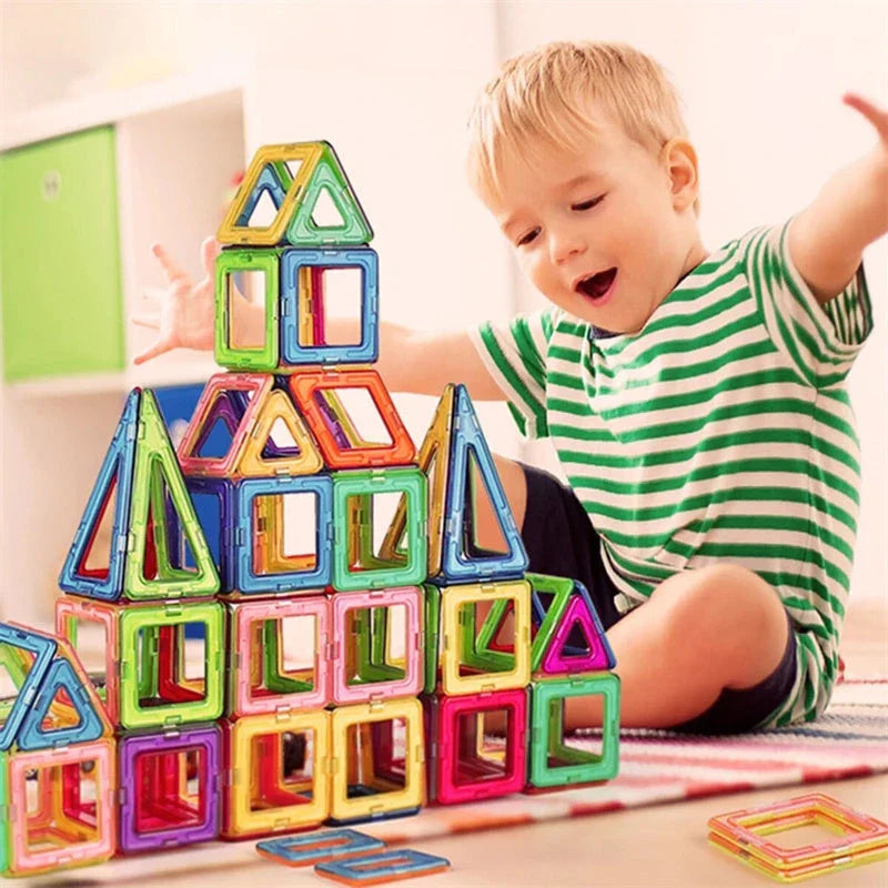 Premium magnetic building blocks in various shapes and sizes, showcasing the endless creative possibilities for kids