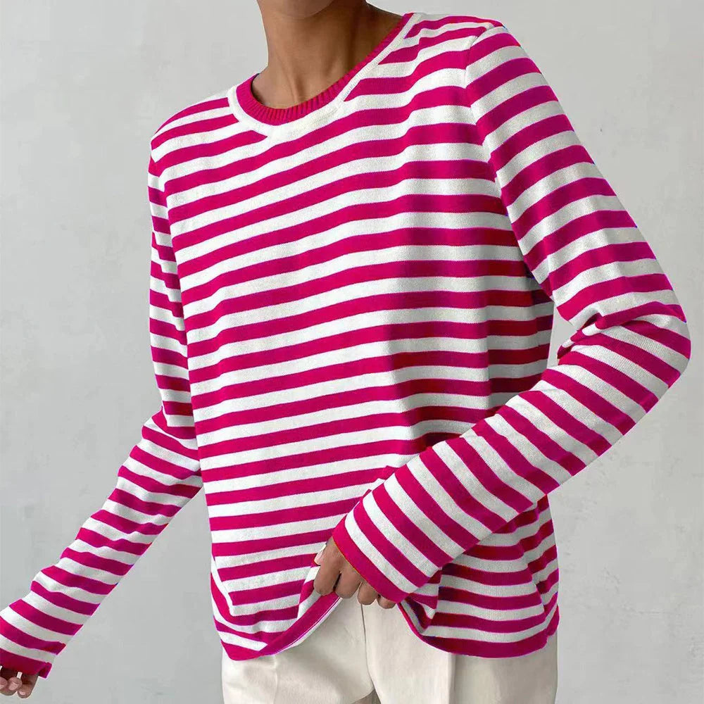 Women's knitted striped long sleeve sweater in various colours