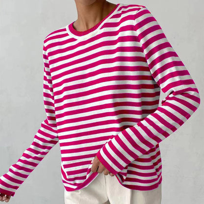 Women's knitted striped long sleeve sweater in various colours