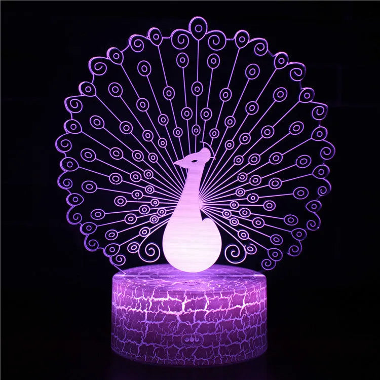 Acrylic USB touch night light with colourful crack base design on a bedside table.