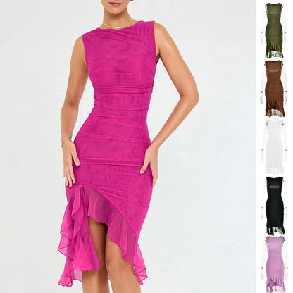 Chic sleeveless mini dress with collage design in various colors for stylish summer parties and events