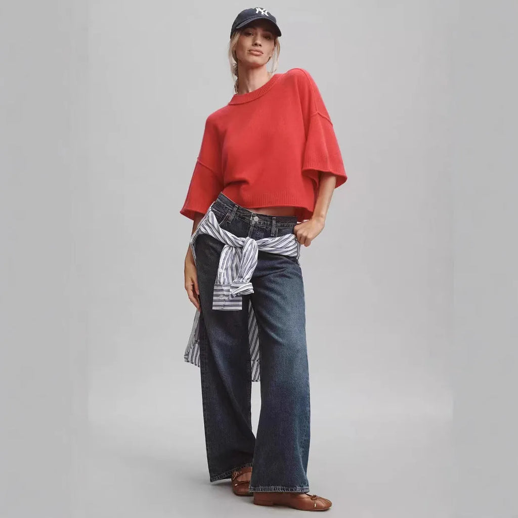 Red viscose short T-shirt with an exposed navel design on a mannequin, front view.