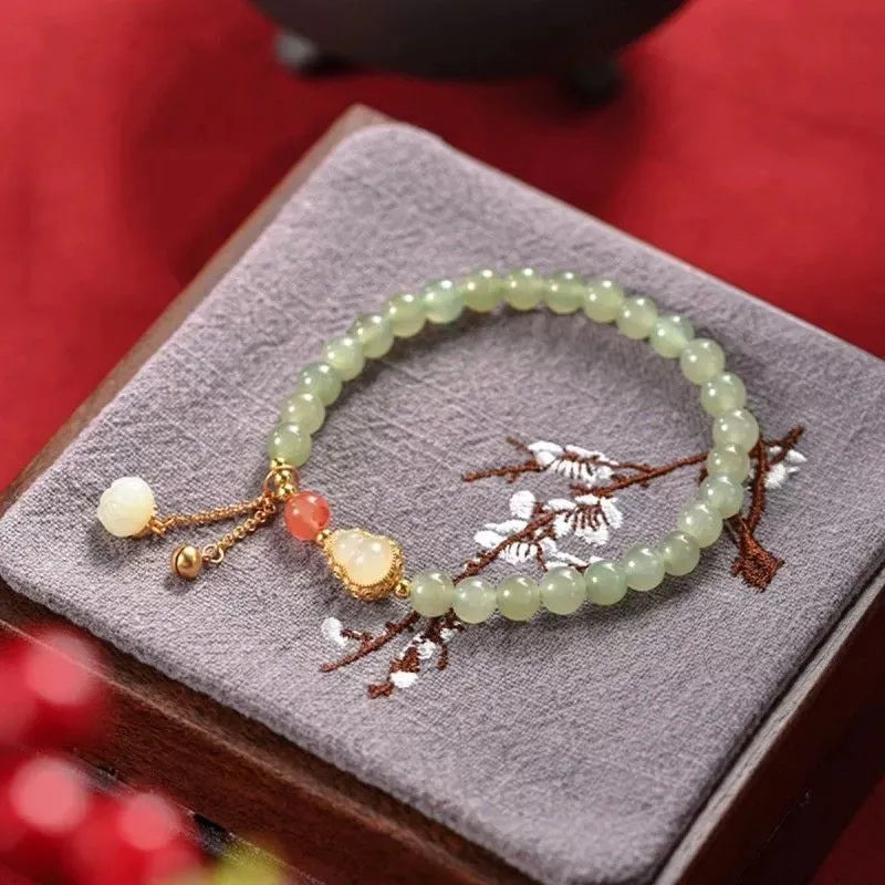 Jade women's bracelet with gold gourd sense design and fu character symbol, 6mm gold plated finish