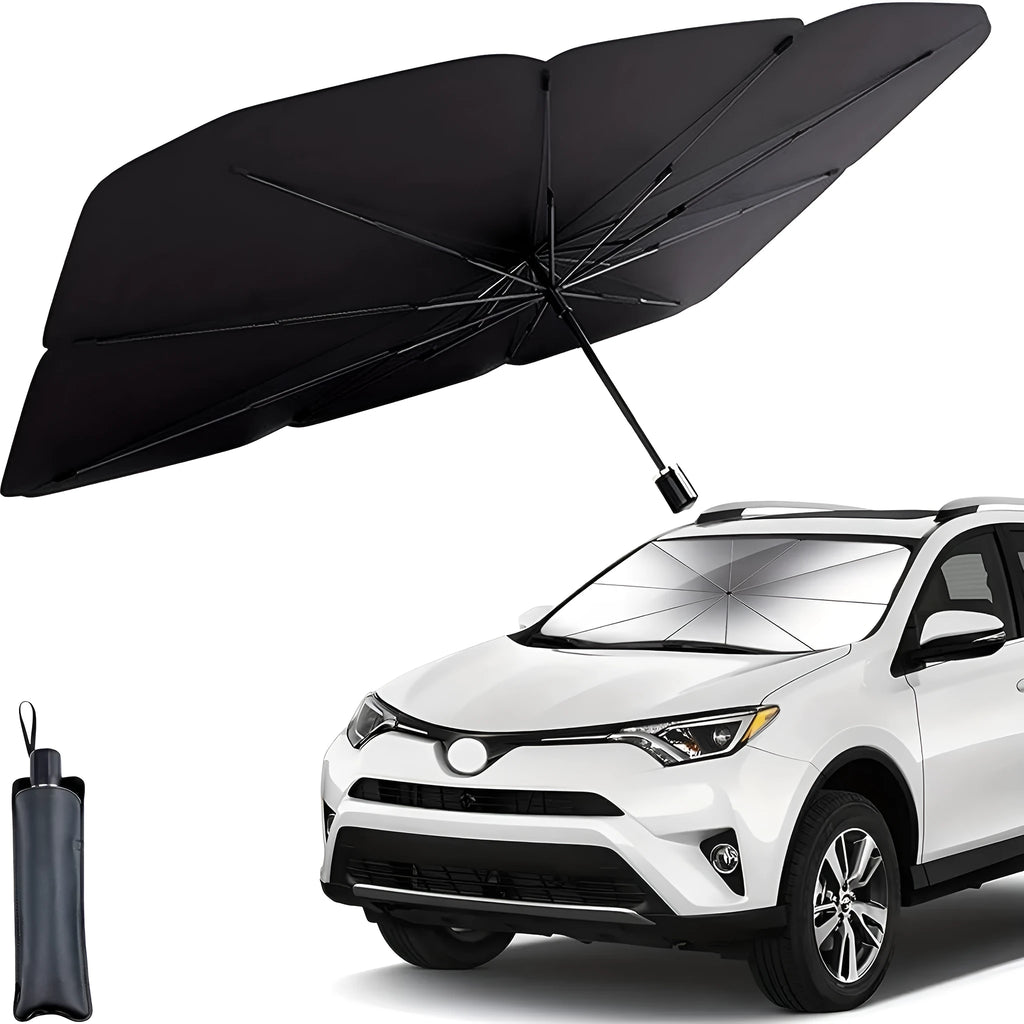 Foldable car windshield sunshade umbrella shown open and folded, with automatic rebound button.