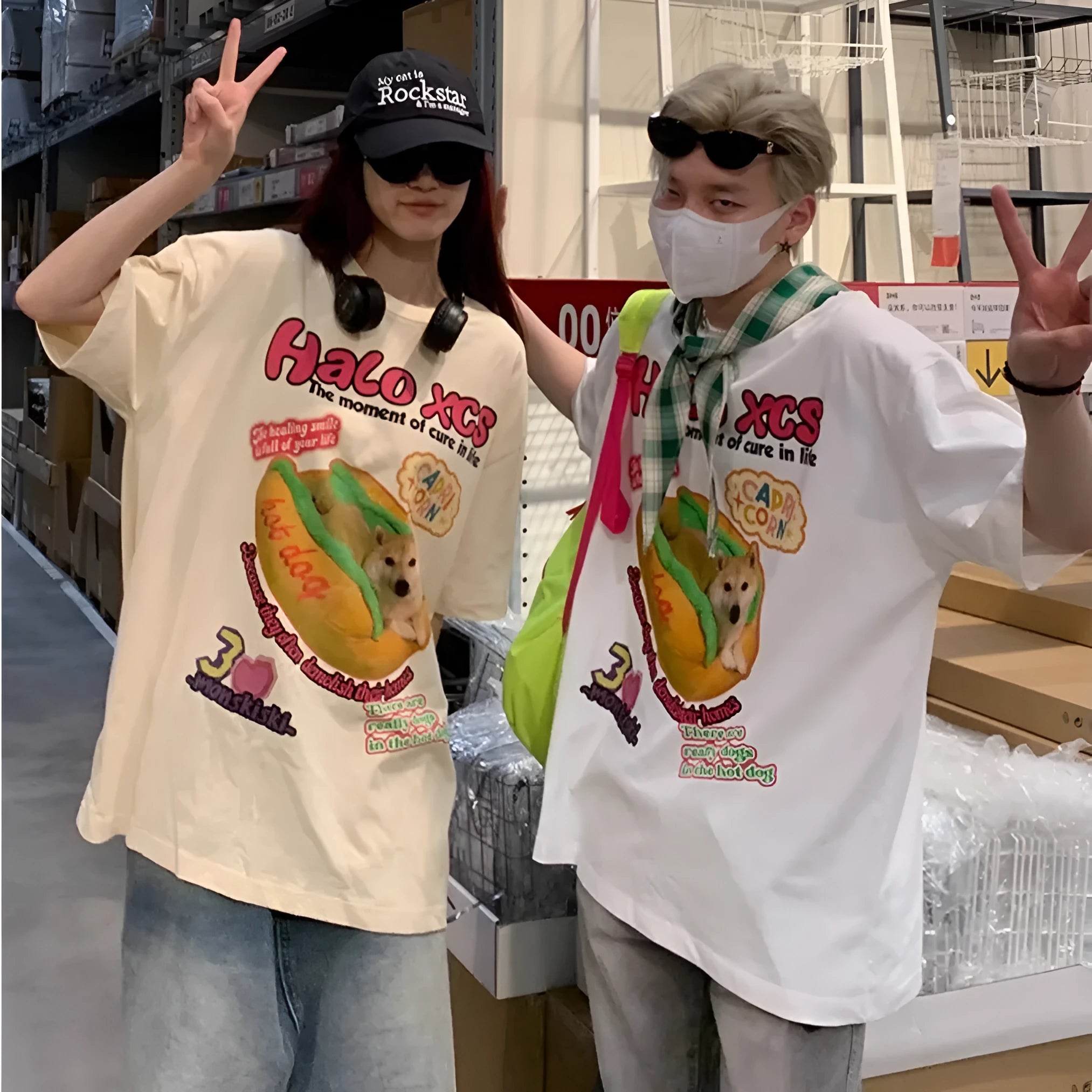Cartoon hamburger dog printed cotton t-shirt for couples in loose fit with short sleeves
