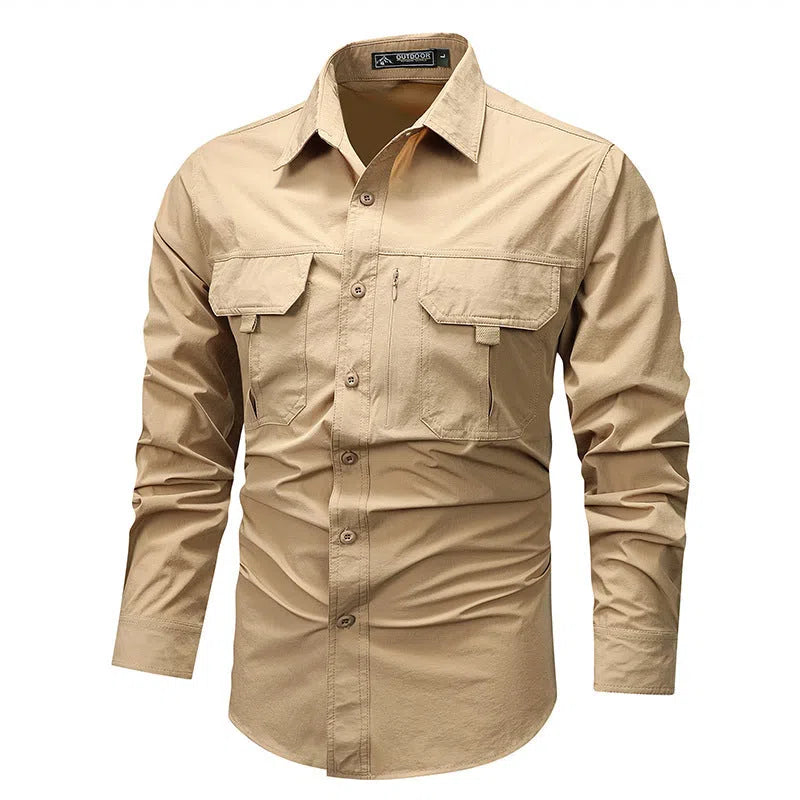 Men's retro workwear overshirt in Army Green, loose fit, long sleeves, nylon fabric