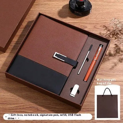 A5 soft PU leather business notebook in choice of five colours, shown with wood-free paper pages and optional gift box.