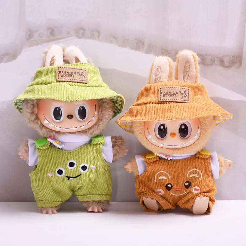 Three-piece doll clothes set with cartoon suspender pants and hat for pendant dolls in matcha colour, cloth material