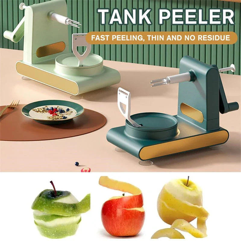 Premium multifunctional hand-cranked fruit and vegetable peeler with sharp blades, non-slip suction cup base, and various accessories