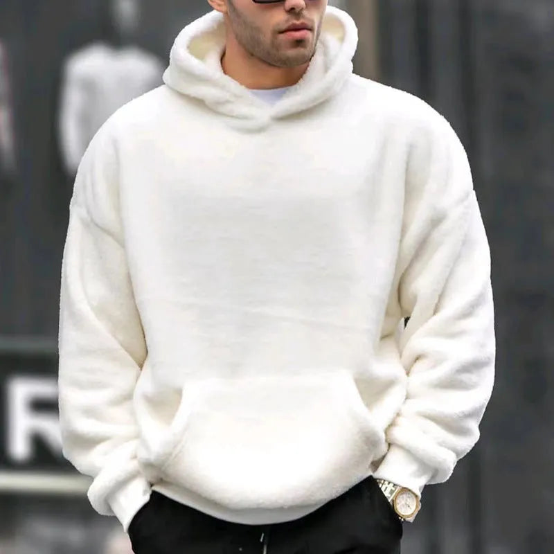 Men's fleece-lined lamb wool hooded sweater in black, front view, with hood and patch pockets
