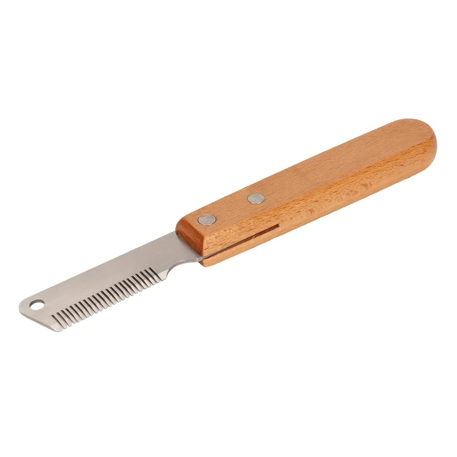 Pet stripping comb grooming tool with wood handle and metal teeth, shown in long and short size options.
