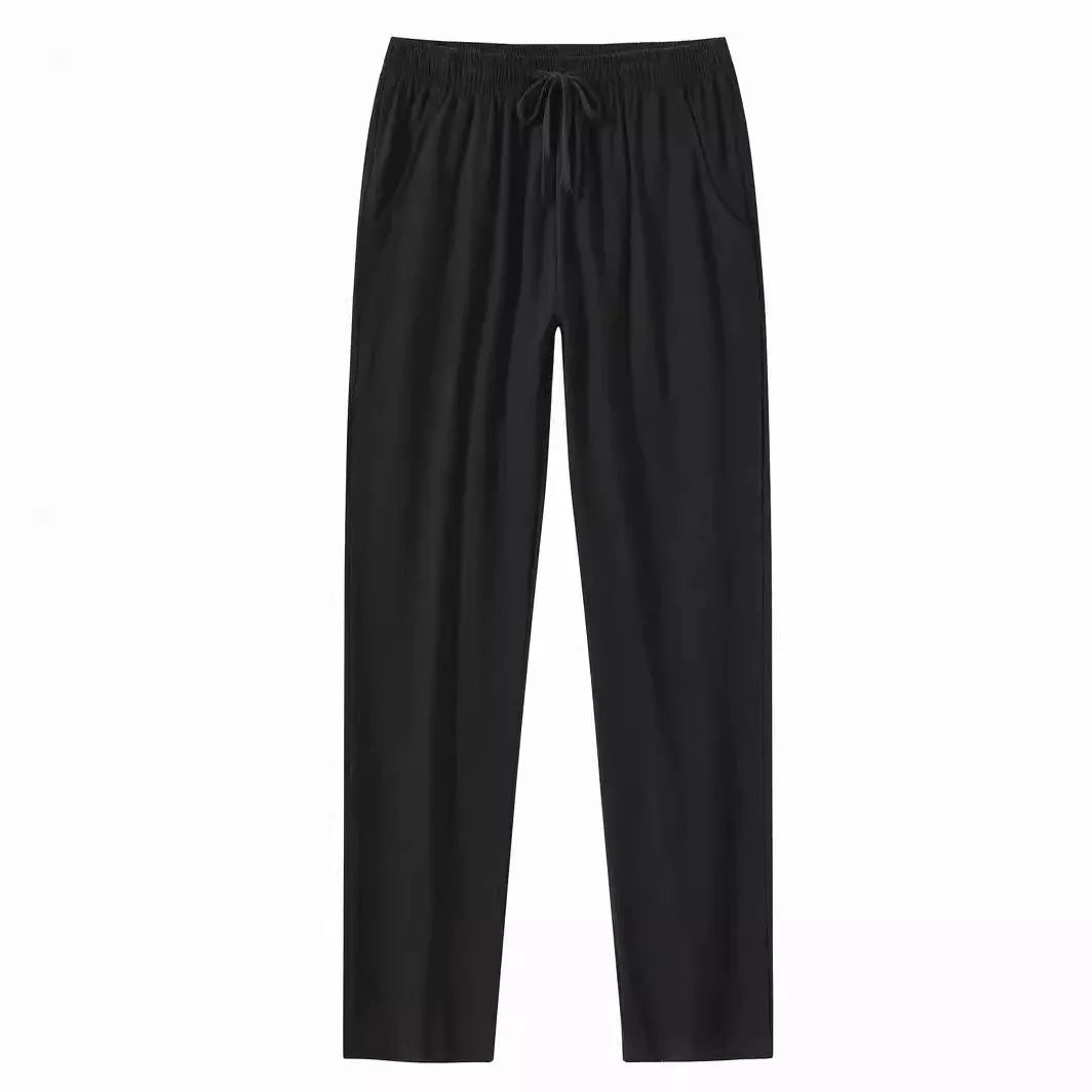 Men's cotton linen beach trousers in loose casual fit showing four colour options with European size labels