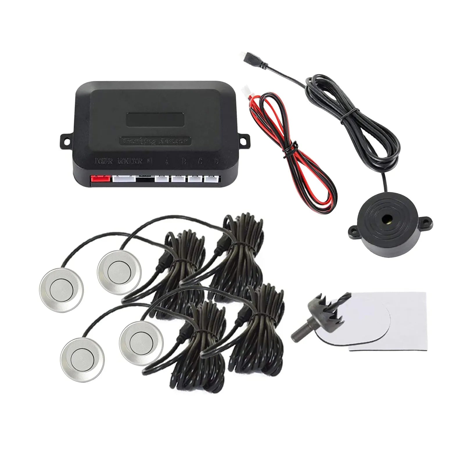 Four-probe screenless buzzer reversing radar kit with sensors, control module and installation tools