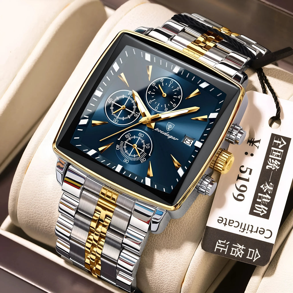 Square men's business watch with stainless steel strap and butterfly buckle on wrist