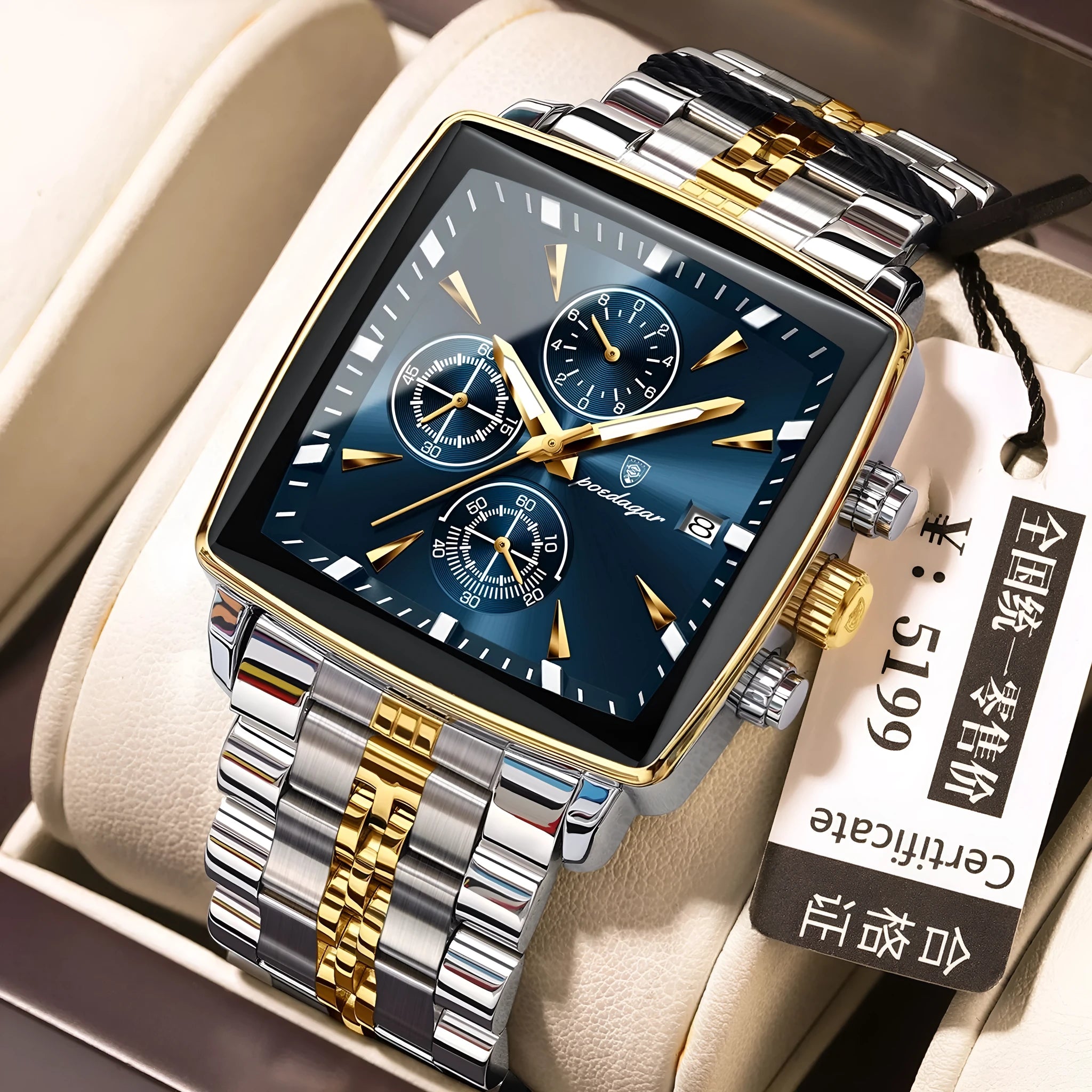Square men's business watch with stainless steel strap and butterfly buckle on wrist