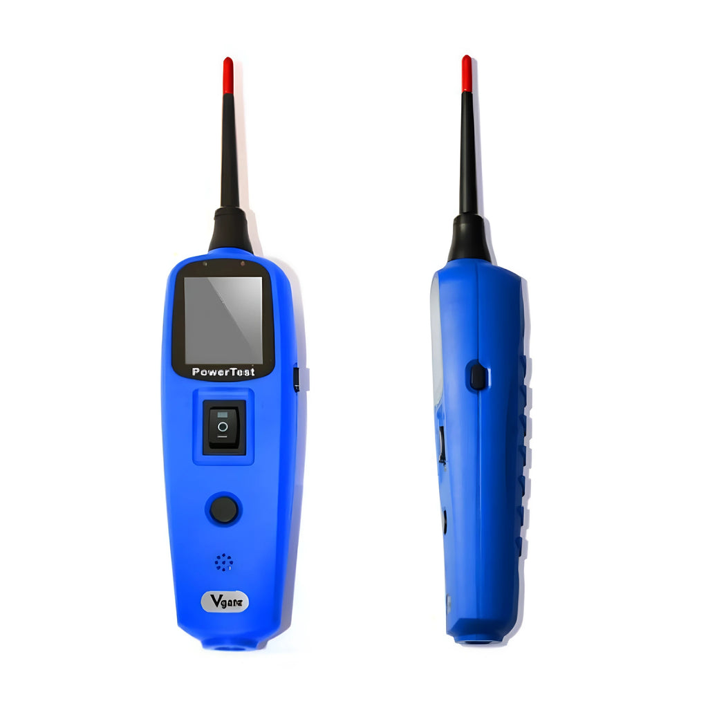 Blue automotive power circuit test pen with TFT display, extension cable, and accessories in protective case