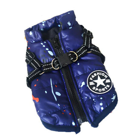 Red cotton chest back integrated vest on dog, sizes S-2XL, waterproof washable pet winter clothing