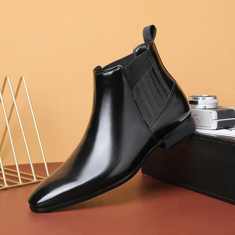 Sophisticated pointed-toe Chelsea boots with square heels, crafted from premium artificial leather for modern gentlemen's fashion