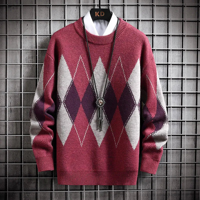 Men's loose fit round neck plaid sweater in grey, long sleeves, geometric pattern