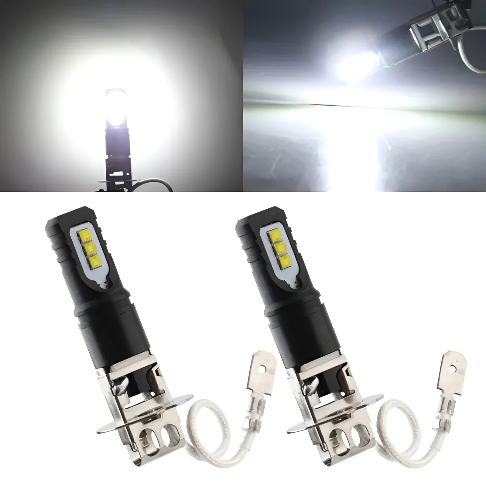 Aluminium alloy car fog lamp bulb for H3 and H1 fittings with white light.