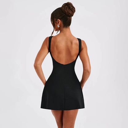 Stylish backless mini dress in various colors, featuring a high-waisted, sleeveless design perfect for warm weather wear.