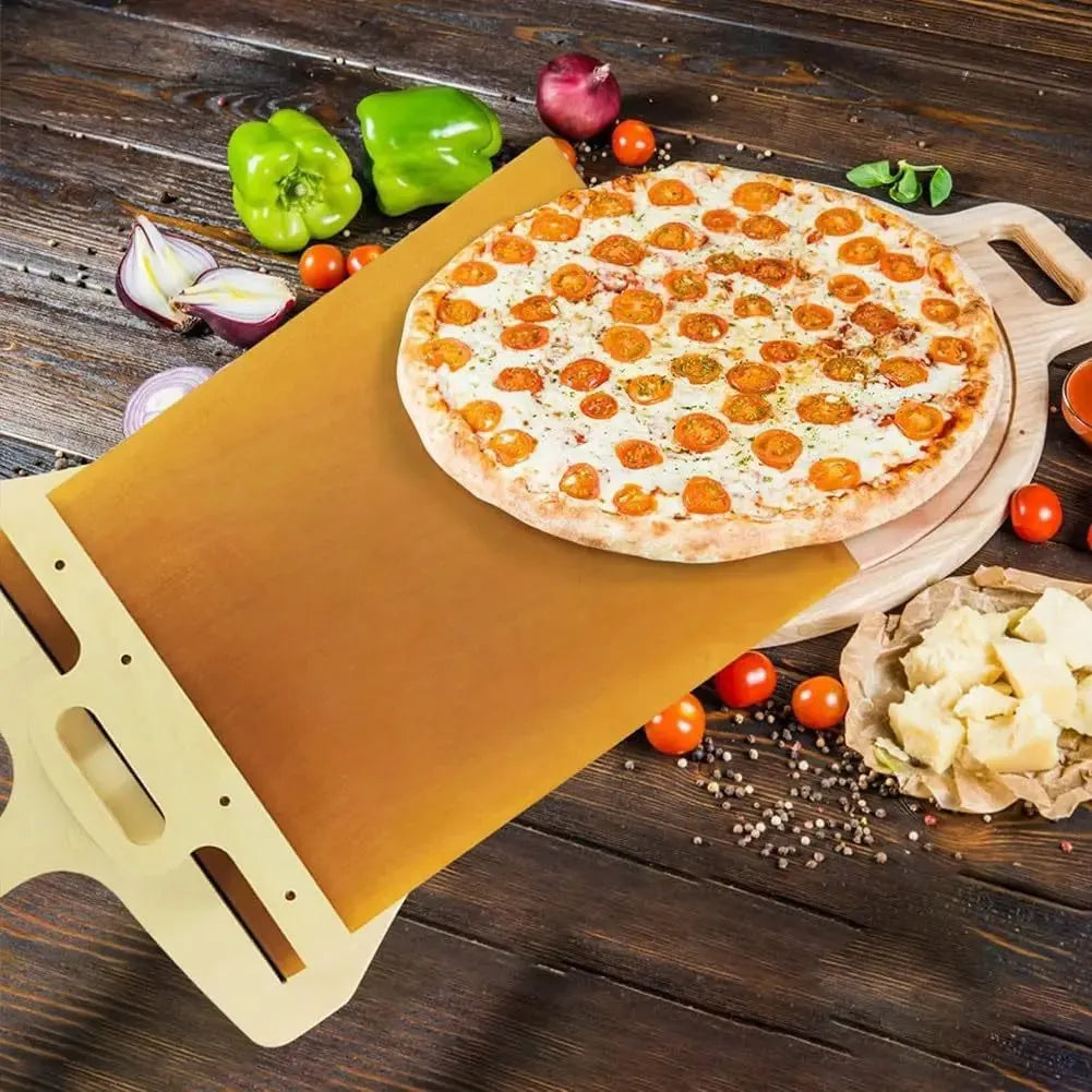 Natural wood pizza transfer shovel measuring 55cm with hanging hole for storage