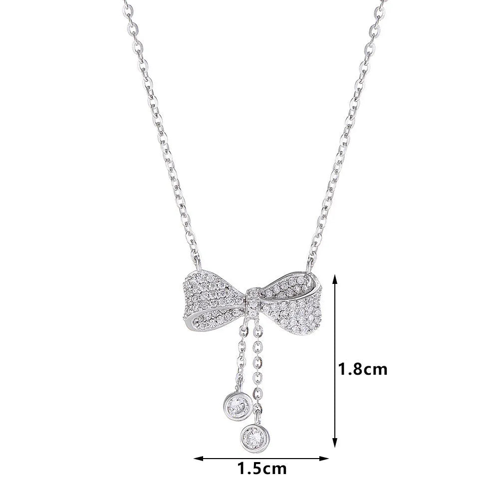 S925 sterling silver bow pendant necklace with O-ring chain, silver colour, 40-45cm adjustable length