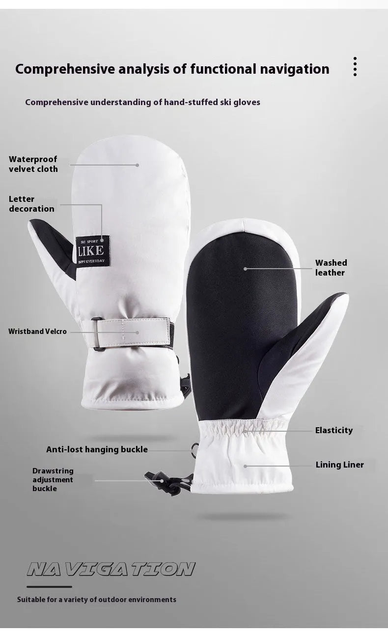 A pair of thick black winter cycling mittens with touch screen fingertips on a bicycle handlebar.
