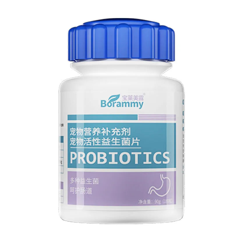 Bottle of 180 pet probiotic tablets for dog and cat digestive support.