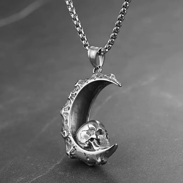 Silver men's skull necklace with stainless steel chain and alloy pendant in six design variations