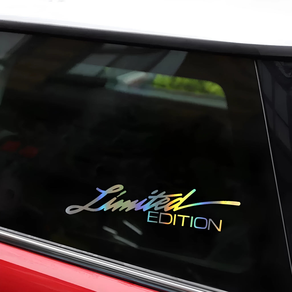Black laser reflective car sticker with text design on PET material for vehicle decoration.