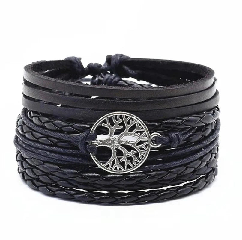 Men's genuine leather vintage braided bracelet with adjustable sliding knot